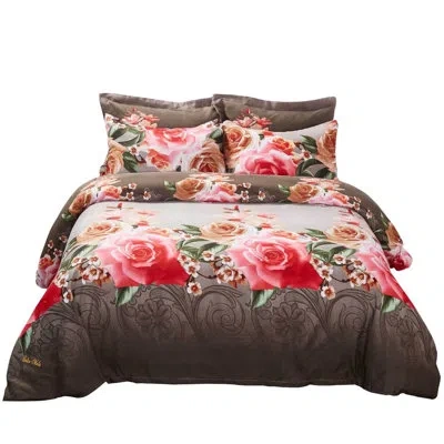 Dolce Mela Rose Floral Bedding Reversible Duvet Cover Set In Brown,pink