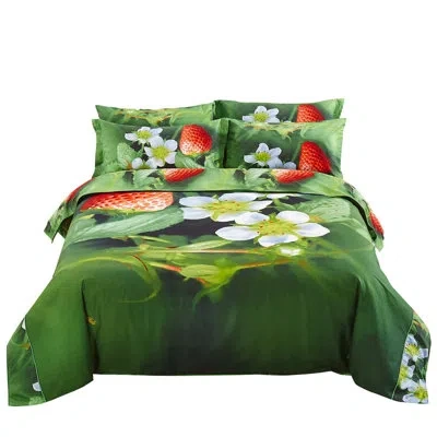 Dolce Mela Strawberry 100% Cotton Reversible Duvet Cover Set In Green
