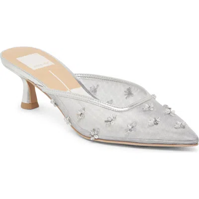 Dolce Vita Clara Pearl True White Daisy Mesh Kitten Heel Mule Pumps