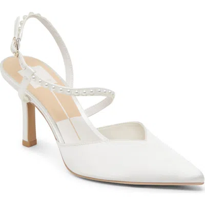 Dolce Vita Kamra Faux Pearl Pointed Toe Pump In True White Satin