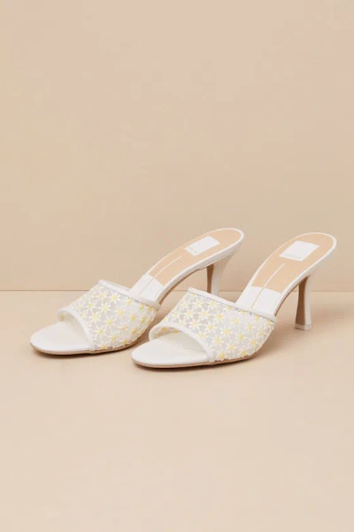 Dolce Vita Lavena White And Yellow Floral Leather Mesh High Heel Sandals