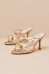 Dolce Vita Linzy Gold Distressed Leather Rosette High Heel Slide Sandals In Gold