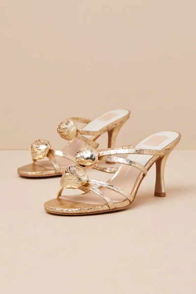 Dolce Vita Linzy Gold Distressed Leather Rosette High Heel Slide Sandals