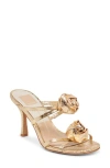 Dolce Vita Linzy Gold Distressed Leather Rosette High Heel Slide Sandals In Gold Crackled Leather