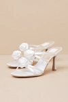 Dolce Vita Linzy True White Satin Rosette High Heel Slide Sandals In White