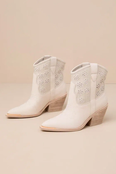 Dolce Vita Nashe Oatmeal Nubuck Leather Floral Eyelet Western Ankle Boots In Beige