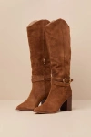 Dolce Vita Tyrone Wide Calf Brown Suede Buckle Pointed-toe Knee-high Boots In Brown
