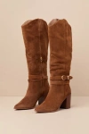 Dolce Vita Tyrone Wide Calf Brown Suede Buckle Pointed-toe Knee-high Boots In Brown