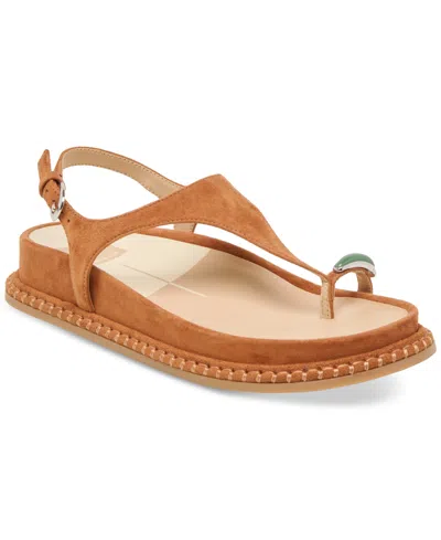 Dolce Vita Women's Stefan Toe Ring Thong Jewelry Footbed Flat Sandals In Caramel Suede