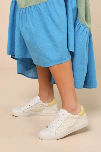 Dolce Vita Zina White And Yellow Floral Embroidered Mesh Sneakers
