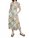 Dolcezza Button-front Sage Multi-leaf Printed Short Sleeve Dress In Green Multi In Multi