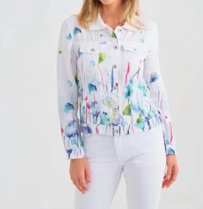 Dolcezza Misty Blossom Print Linen Jacket In White