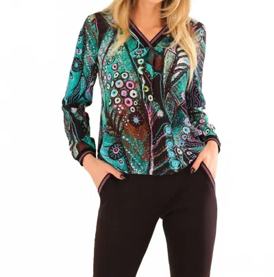 Dolcezza Peacock V-neck Long Sleeve Top In Turquoise In Multi