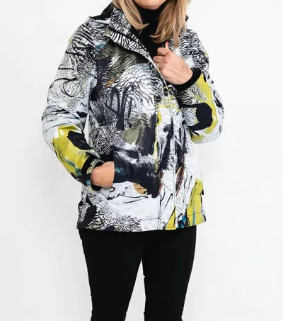 Dolcezza Safari Escape Soft Shell Laminated Abstract Art Coat In Black Multi In Gold