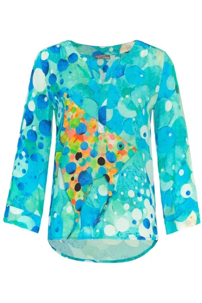 Dolcezza Women's Big Angel Fish Mosaic Print Tunic Top In Turquoise Blue In Multi