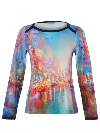 Dolcezza Women's Blue City Watercolor Long Sleeve Simple Art Top In Multi