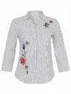 Dolcezza Women Embroidered Blouse "summer Bouquet" In White With Black Stripes In White