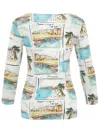 Dolcezza Women's Le Sable Et La Mer Beach Vacation Long Sleeve Top In Multi In White