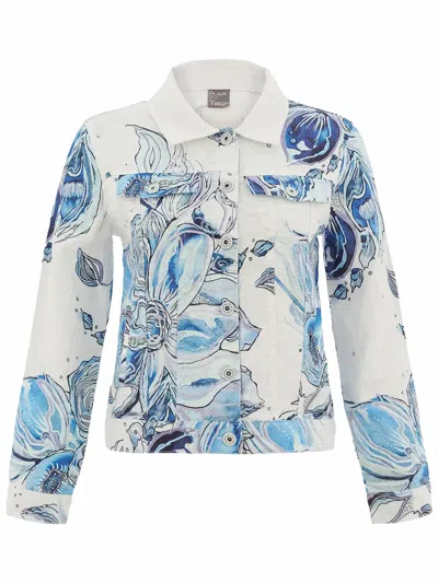 Dolcezza Women's Linen Jacket In Blue Flowers In Multi