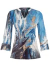 Dolcezza Abstract V-neck Pullover Top In Blue In Blue