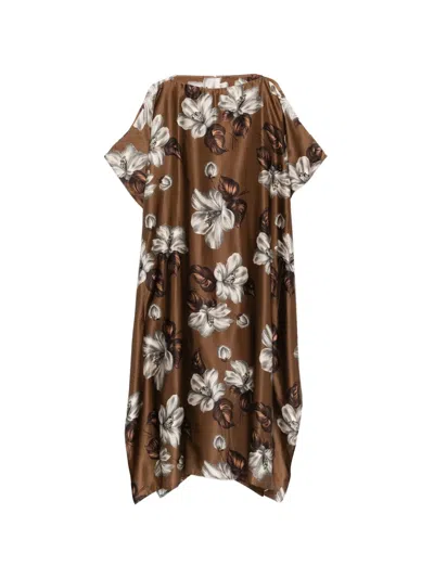 Dolci Follie Floral Silk Kaftan In Brown