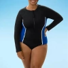 Dolfin Aquashape Women's Zip Front Long Sleeve One-piece Womens One Piece Swimsuit In Black