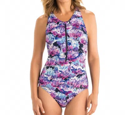 Dolfin Chlorine Resistant Zip Up Racerback One Piece Swimsuit In Dol Lotus In Purple