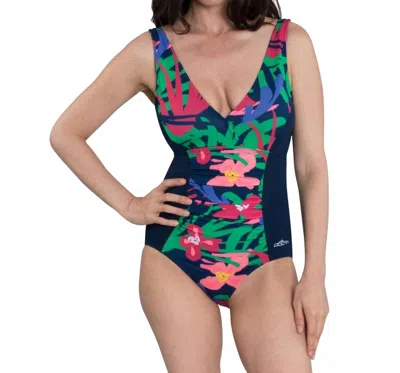 Dolfin Print Block Chlorine Resistant V-neck One Piece Swimsuit In Dol Lanai In Multi