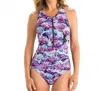 Dolfin Printed Zip Up Racerback One Piece In Lotus In Blue