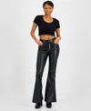 Dollhouse Juniors' Exposed Button-fly Faux-leather Flare Pants In Black