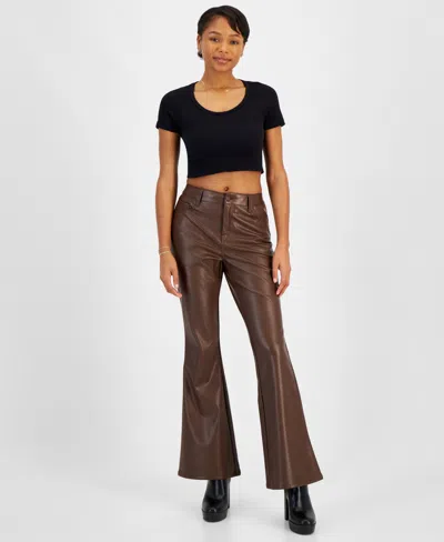 Dollhouse Juniors' Exposed Button-fly Faux-leather Flare Pants In Brown