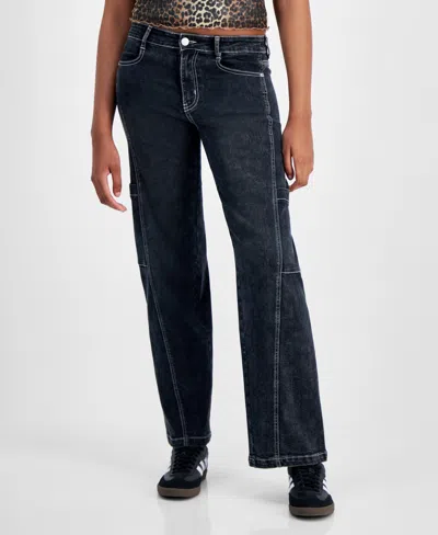 Dollhouse Juniors' Mid-rise Wide-leg Cargo Jeans In Black Acid