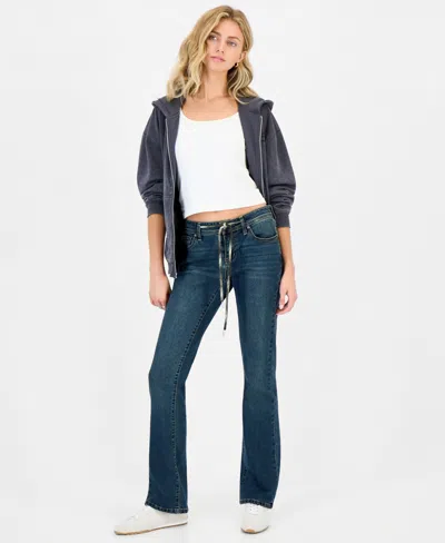 Dollhouse Juniors' Plaid Inner Drawstring Bootcut Jeans In Brown