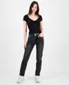 Dollhouse Juniors' Western Belt Relaxed Straight-leg Jeans In Black