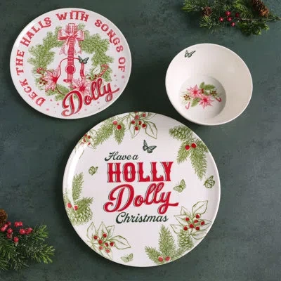 Dolly Parton Holly Dolly 12-piece Melamine Dinnerware Set, Service For 4 In Red;green;white