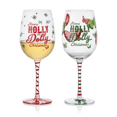 Dolly Parton Holly Dolly Set Of 2 "have A Holly Dolly Christmas" Wine Glasses In Clear