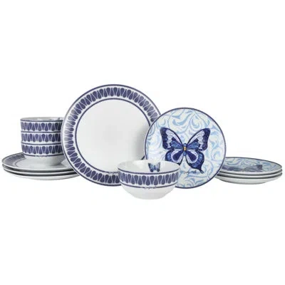 Dolly Parton Jeweled Mosaic Butterfly 12-piece Dinnerware Set, Service For 4 In White;blue