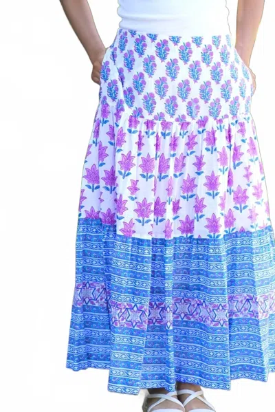 Dolma Block Printed Tiered Cotton Skirt In Blue