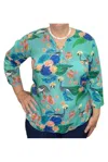 Dolma Water Lily Print Three-quarter Sleeve Top In Turquoise In Blue