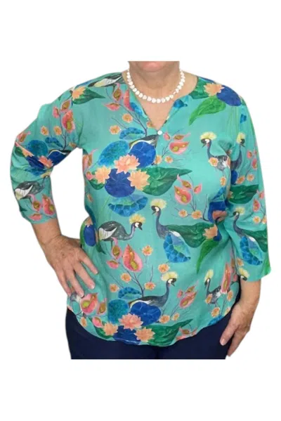 Dolma Water Lily Print Three-quarter Sleeve Top In Turquoise In Blue