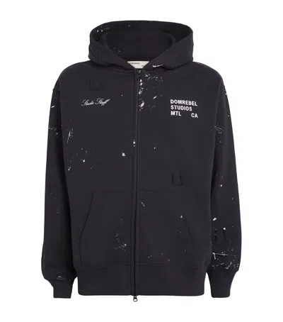 Domrebel Cotton Paint-splatter Staff Zip-up Hoodie In Black
