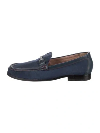 Pre-owned Donald Pliner Canvas Leather Trim Embellishment Loafers In Blue