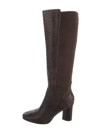 Pre-owned Donald Pliner Embossed Leather Animal Print Boots In Brown