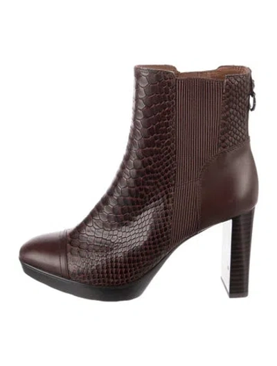 Pre-owned Donald Pliner Embossed Leather Animal Print Boots In Brown