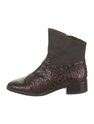 Pre-owned Donald Pliner Embossed Leather Animal Print Boots In Brown