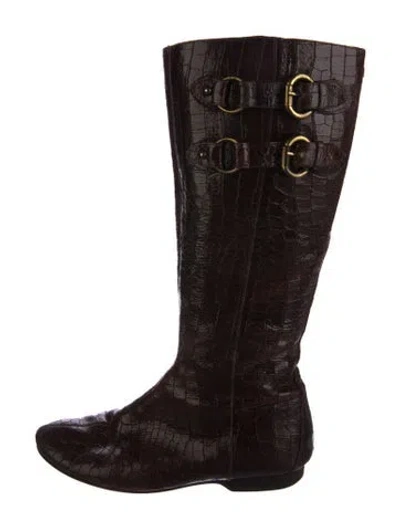 Pre-owned Donald Pliner Embossed Leather Riding Boots In Brown