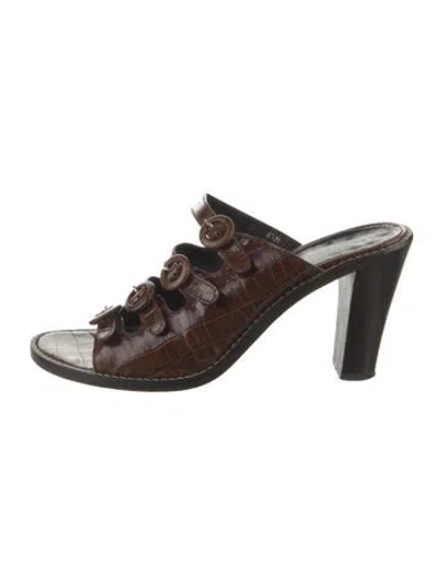 Pre-owned Donald Pliner Embossed Leather Slides In Brown