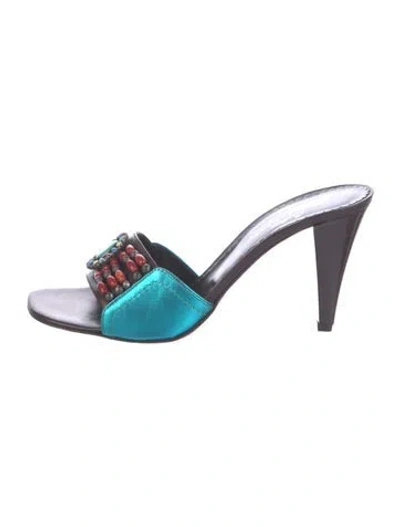 Pre-owned Donald Pliner Leather Beaded Accents Slides In Blue