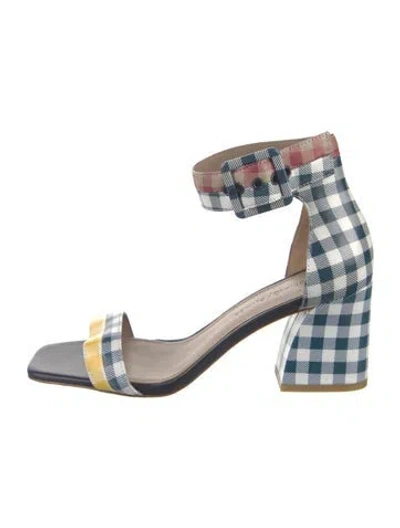 Pre-owned Donald Pliner Leather Plaid Print Sandals In Blue