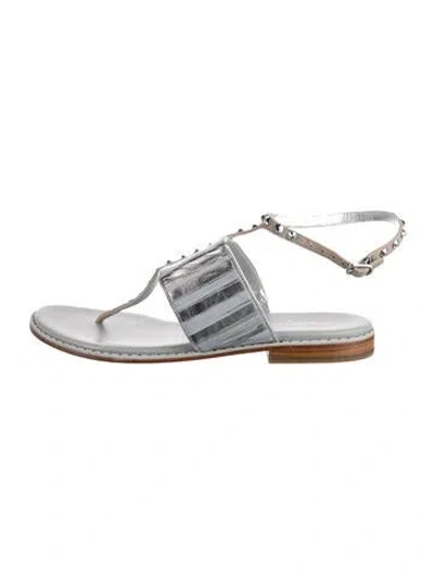 Pre-owned Donald Pliner Leather Striped T-strap Sandals In Blue/metallic